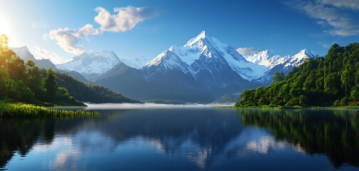 Fototapeta premium Majestic mountains reflecting in a serene lake at sunrise, showcasing natural beauty.
