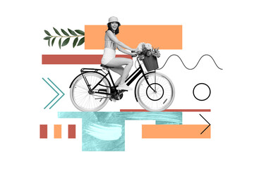 Funky style photo collage funny traveler lady drive vintage bicycle safe nature recycling ecology...