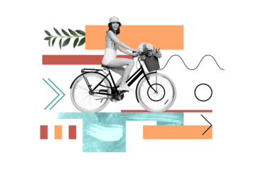 Funky style photo collage funny traveler lady drive vintage bicycle safe nature recycling ecology pollution summer colorful drawing