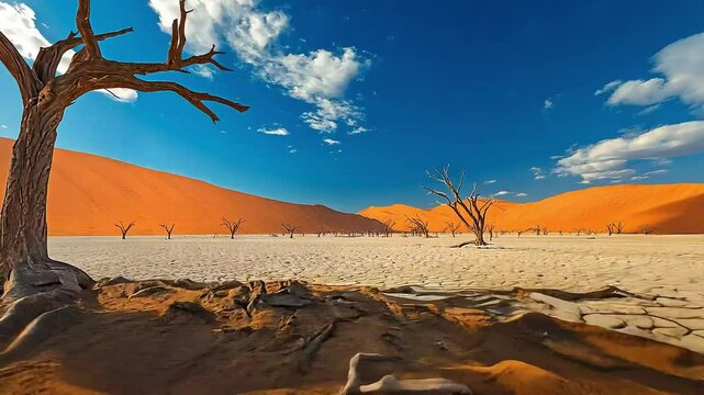 A single, dead tree stands in the foreground of a vast, cracked desert landscape, with red sand dunes rising in the distance.