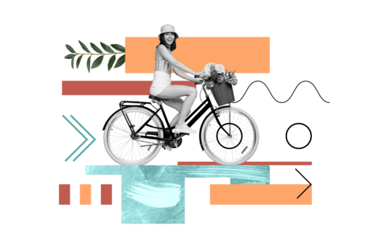 Funky style photo collage funny traveler lady drive vintage bicycle safe nature recycling ecology pollution summer colorful drawing