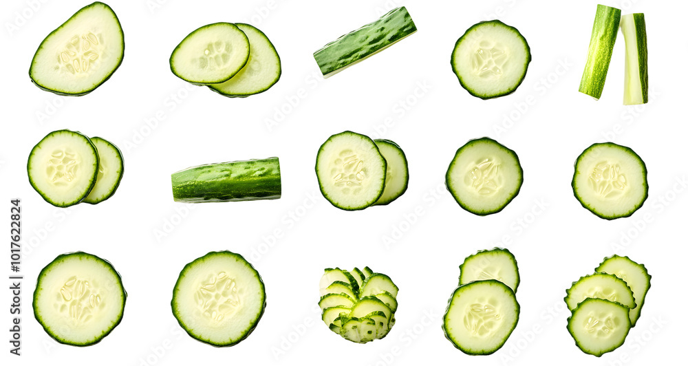 Poster set or collection of various fresh cucumber slices on white background