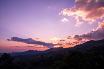 Violet purple sky in morning scenery Vibrant colorful blue sky summer time on sunrise. Natural beautiful landscape. Beauty purple sky romantic dramatic landscape cloudy outdoor paradise in sunset