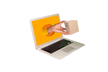 Creative collage image of arm hold shipment carton box through netbook screen hole isolated on painted yellow background