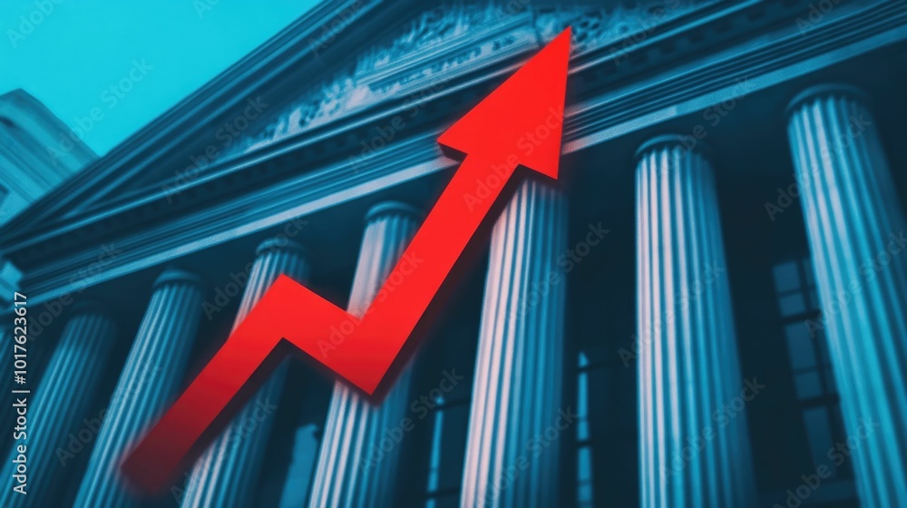 Poster imposing bank building with a large red arrow pointing downward indicating declining interest rates 