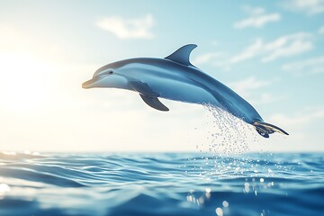 Dolphin leaping over ocean waves under a sunny sky.