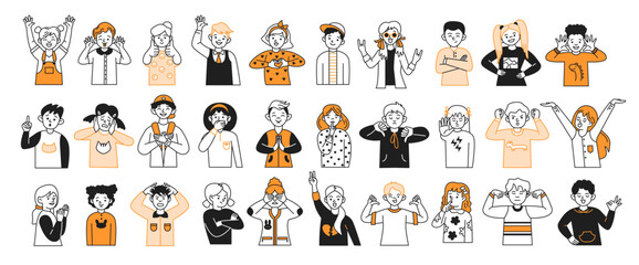 Children showing various emotions and gestures color linear icons set. Capturing essence of childhood through body language on white background
