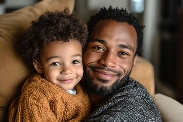 Happy dad and preschooler son relax on couch together, Generative AI