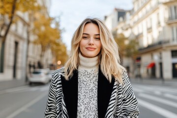 Fototapeta premium Attractive young woman smiling outdoors in the city wearing a zebra print coat