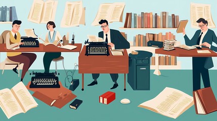 Fototapeta premium Male and female writers immersed in work surrounded by scattered papers and typewriters.