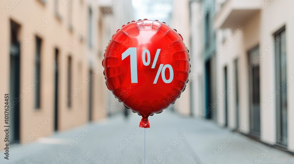 Poster deflating red balloon with a percentage symbol symbolizing the concept of falling interest rates in 