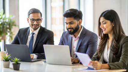 Fototapeta premium Indian Corporate Culture: Professionals Collaborating with Laptops, Papers, and Meetings in Office Environment 