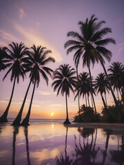 Obraz premium A peaceful tropical sky at dusk, with the sun setting behind a row of palm trees and the sky turning shades of purple and gold 