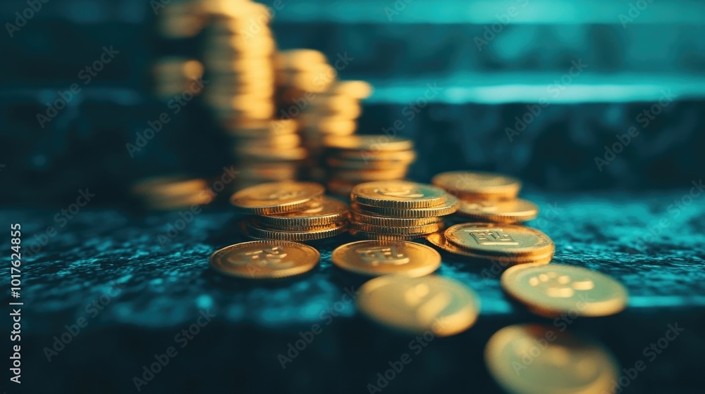 Poster tumbling coins cascading down a staircase with a financial interest rate symbol depicting the concep