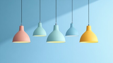 Obraz premium Modern 3D hanging lamps in a variety of colors, suspended on a light blue backdrop with rays of light, ideal for interior design ads or contemporary decor concepts.