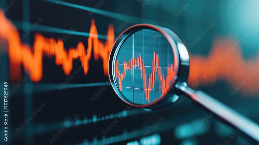 Poster a close up view of a magnifying glass examining a declining interest rate chart showcasing detailed 