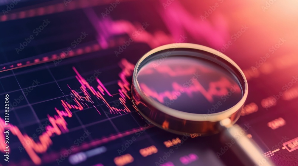 Poster magnifying glass closely examining falling interest rate chart with detailed analysis of economic tr