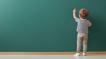 A young child dressed as a teacher, holding a pointer, standing in front of a clean blackboard, modern school environment.