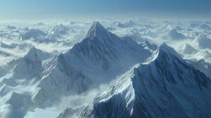 Dramatic snow-covered mountain peaks pierce through a sea of clouds against crisp blue sky. Jagged ridges and steep slopes create dramatic shadows across pristine snow fields. 