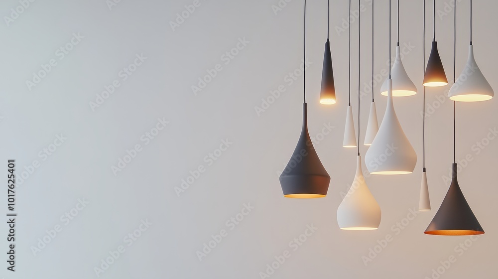 Aufkleber multiple modern hanging lamps in different shapes and sizes, displayed on a white background for a c