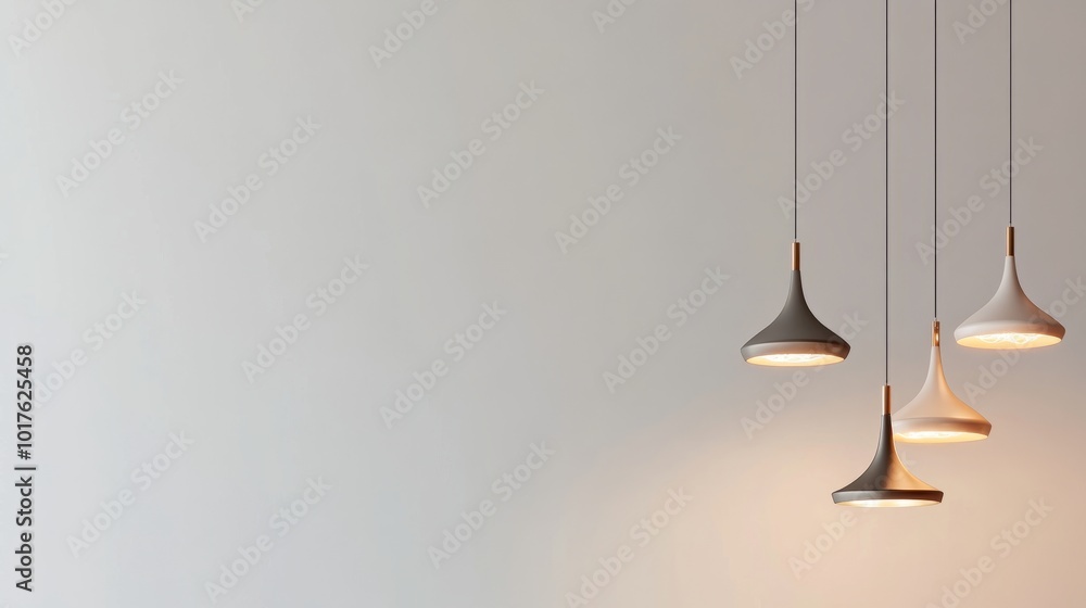 Aufkleber multiple modern hanging lamps in different shapes and sizes, displayed on a white background for a c