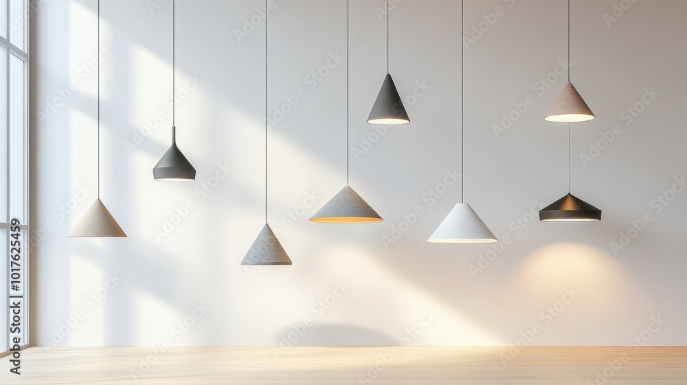 Aufkleber multiple modern hanging lamps in different shapes and sizes, displayed on a white background for a c