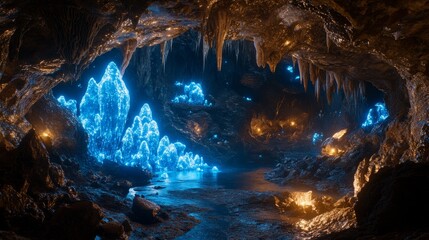 Ancient ice cave illuminated by ethereal blue crystalline formations. Stalactites and stalagmites create dramatic shapes while warm torchlight contrasts with cool blue bioluminescence. 
