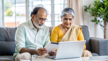 A senior Indian couple sits on a sofa, checking bills and using a laptop and calculator to manage their home finances.