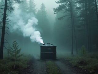 Misty evergreen forest surrounds a small cabin emitting white steam. Dense fog creates an ethereal atmosphere between tall pine trees. 