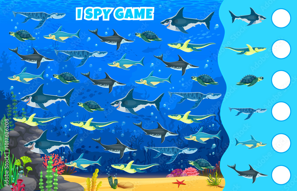 Poster i spy game worksheet with prehistoric underwater reptiles and dinosaurs, vector kids quiz. i spy gam