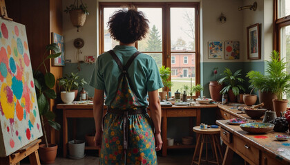Artist in colorful apron standing in studio with painting and plants.