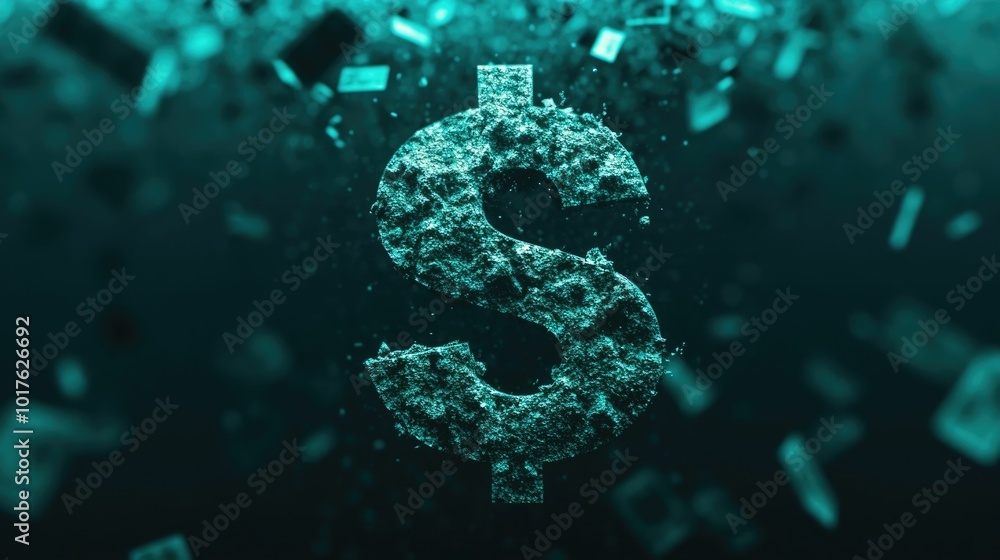 Poster dollar symbol breaking free and falling into an abyss representing financial uncertainty and volatil