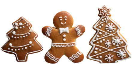 Gingerbread christmas snowflake star santa man tree cookie biscuit on transparent background