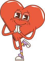 Cartoon groovy math geometric heart figure. Isolated vector personage for kids education. Red blushing heart with a shy smile, wears socks and sneakers, embodies love with a playful, hippie twist