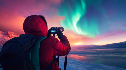 A photographer capturing the Northern Lights as they illuminate the snowy landscape, with the camera facing upward to the vast aurora-filled sky.