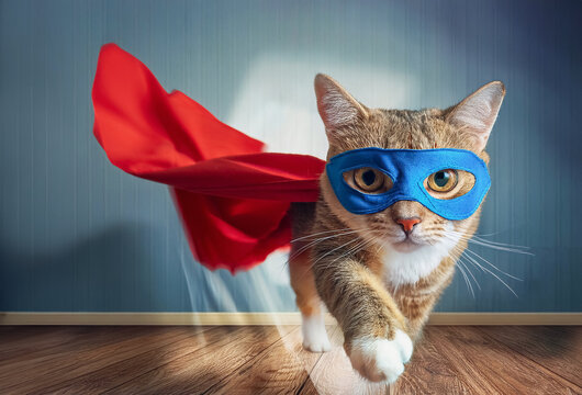image amusante d'un chat d&eacute;guis&eacute; en super h&eacute;ro, qui porte un masque bleu, une cape rouge et qui s'appr&ecirc;te &agrave; bondir, int&eacute;rieur appartement, arri&egrave;re plan bleut&eacute;