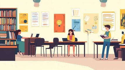 A cozy library scene with diverse individuals engaged in study and reading.