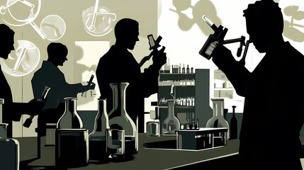 Silhouetted scientists in a lab conducting experiments with lab equipment.
