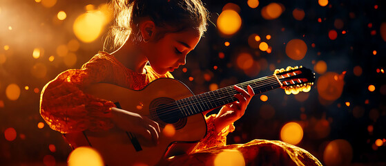 Obraz premium Young girl playing guitar amidst glowing bokeh background.