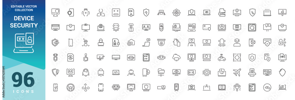Poster device security icon set. secure shield and safe defense line icons. safety risk, computer security 