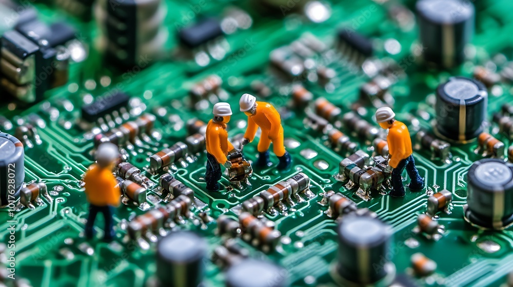 Poster miniature figurines of workers repairing a circuit board, representing the complex and intricate nat