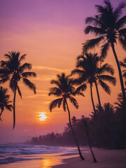 Obraz premium A peaceful tropical sky at dusk, with the sun setting behind a row of palm trees and the sky turning shades of purple and gold 