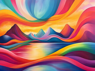 A modern painting of the Northern Lights, with bold, colorful strokes representing the aurora over a serene landscape.