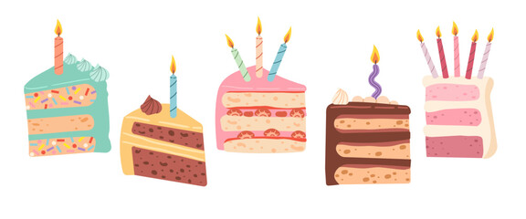 Birthday cake slices set. Sweet holiday bakery pieces collection. Pastry chocolate fruit, berry dessert with candles for breakfast. Vector hand drawn flat cartoon illustration