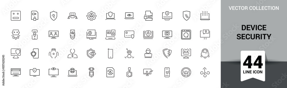 Poster device security icon set. secure shield and safe defense line icons. safety risk, computer security 