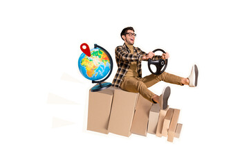 Picture image collage of funky man driver deliver international parcel geo location navigation...