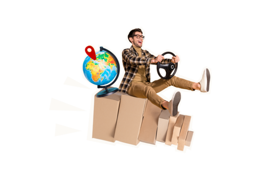 Picture image collage of funky man driver deliver international parcel geo location navigation carton boxes isolated on drawing background