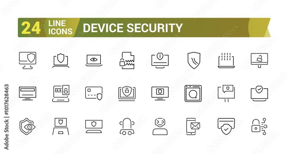 Poster device security icon set. secure shield and safe defense line icons. safety risk, computer security 