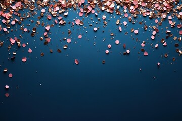 Scattered pink confetti over blue background