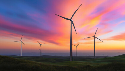 Obraz premium A serene landscape featuring wind turbines against a vibrant sunset sky, highlighting renewable energy and environmental sustainability.
